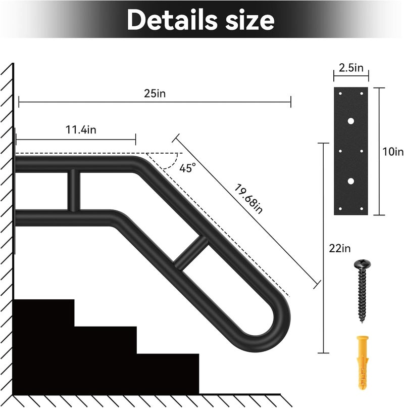 Frossvt Handrail for Outdoor Grab Bar Wall Mount Handrail, 25.8'' Garage, Porch, Garden 1 to 3 Steps Stairs Black - Image 3